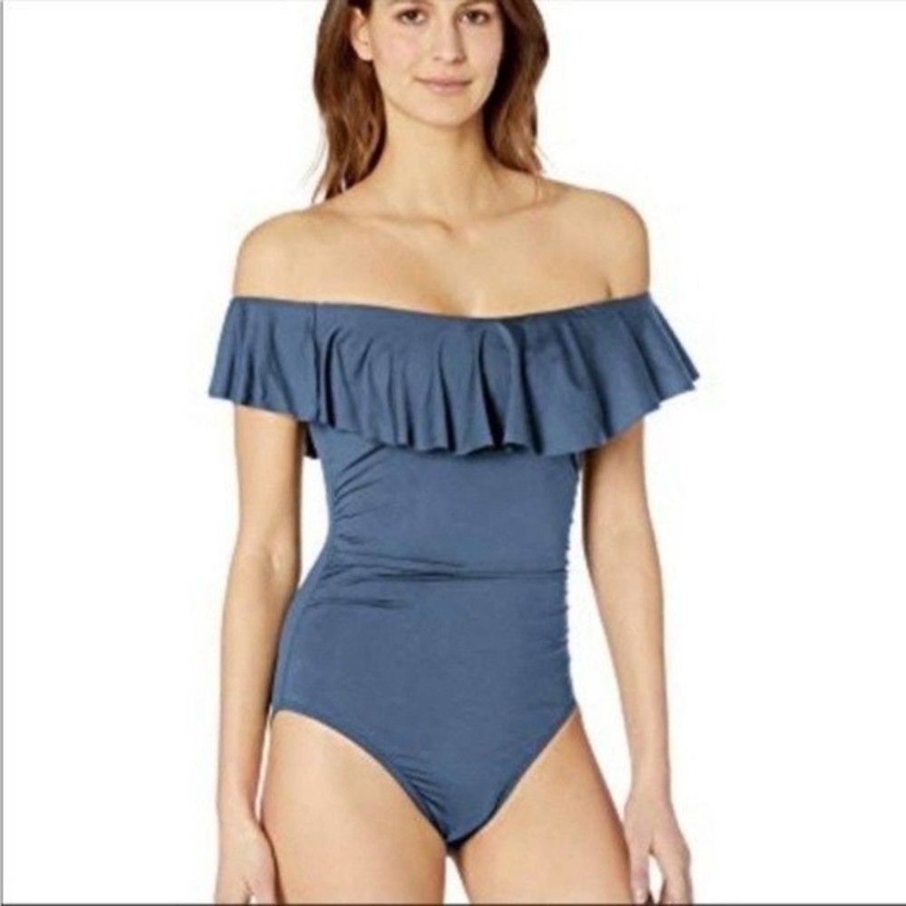 La Blanca Island Goddess Off-The-Shoulder Ruffled Tummy-Control One-Piece Sz 6